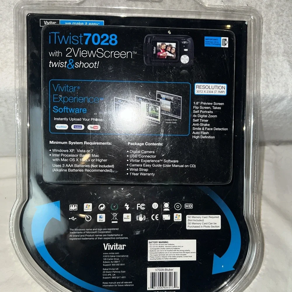 Vivitar 7028 iTwist 7.1MP Digital Camera Blue NEW Compact Point Shoot